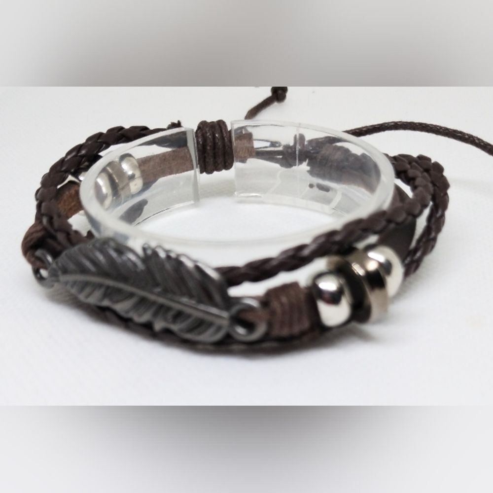 Men's‎ bracelet leather braided feather layered New e79